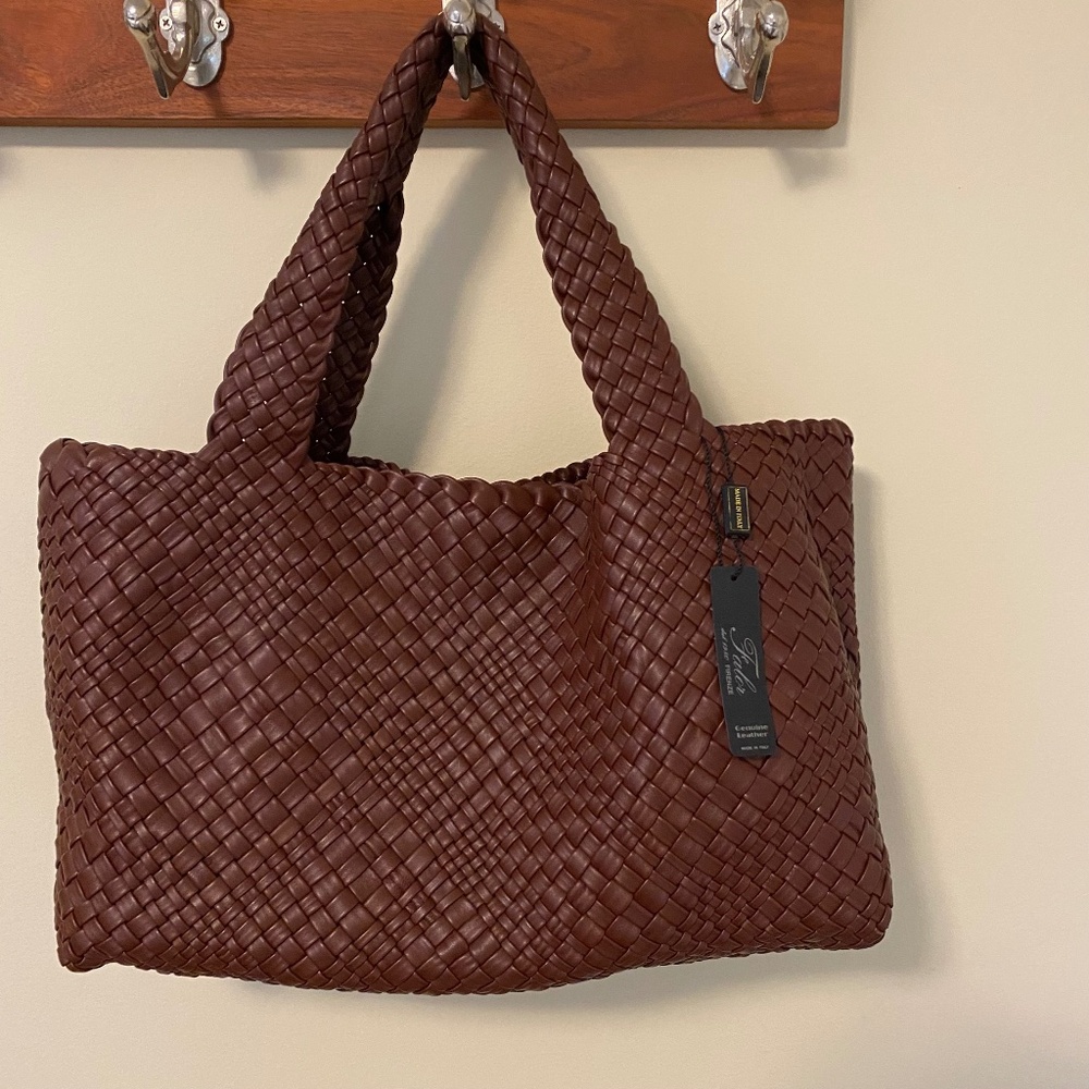 Falor Italia Gigliola F7349 large smooth Woven Leather tote bag Italy  NWT - Picture 7 of 8